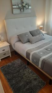 a bed with two pillows and a rug in a bedroom at Apto San Francisco,en el centro y en la playa in Castro-Urdiales