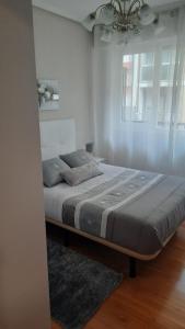 a bedroom with a large bed in a room with a chandelier at Apto San Francisco,en el centro y en la playa in Castro-Urdiales