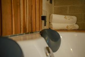 a bathroom with a bath tub with a roll of toilet paper at First Class Hotel in Medellín