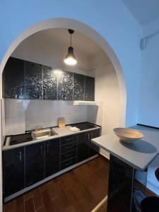 a kitchen with a counter and a sink and an archway at Apartament Ultracentral Universitate in Bucharest +7 photos