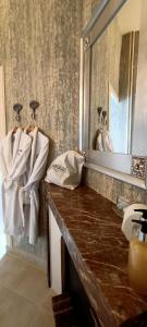 La salle de bains est pourvue d'un comptoir avec un miroir et de serviettes. dans l'établissement Chateau de la Grand'Maison, à Bellême