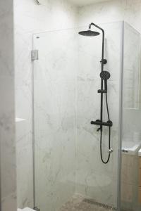 a shower with a glass door in a bathroom at Windy City apartments in Liepāja