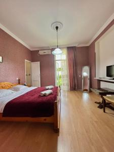 a bedroom with a large bed with a red blanket at Elegance in Sighnaghi