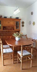 une cuisine avec une table en bois et une plante en pot. dans l'établissement Grande villa a 100 m. dal mare, à San Felice Circeo