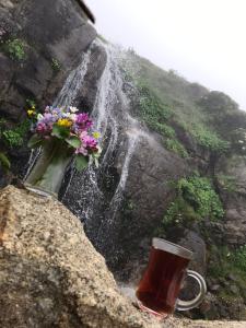 a waterfall with a vase of flowers and a cup of coffee at Avusor mola cafe pansiyon in Çamlıhemşin