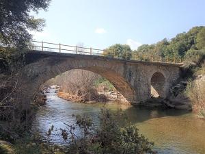 a bridge over a river with a person on it at Beautiful little stone house! 