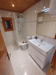 ein Bad mit einem Waschbecken, einem WC und einer Dusche in der Unterkunft Formentera Suite 8 in Es Pujols