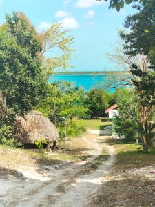 een pad naar een hut met de oceaan op de achtergrond bij Loft by Yuum Kiin Bacalar in Rancho Bacalar