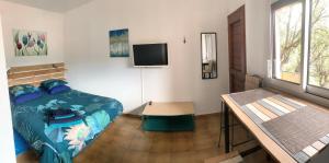 - une chambre avec un lit et une télévision dans l'établissement Les Chênes-lièges d'Ambeille, à Collioure