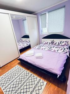 - une chambre avec 2 lits et un miroir dans l'établissement Daniela's rooms, à Hunedoara