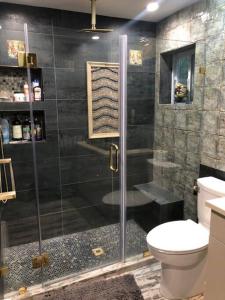 uma casa de banho com um chuveiro, um WC e uma porta de vidro. em 4 Bedroom House-- perfect for families, near the beach! em Glen Cove