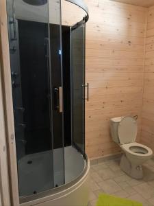 a bathroom with a toilet and a glass shower at Domki letniskowe MagNat 700m od morza! in Rusinowo