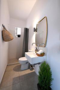 La salle de bains est pourvue d'un lavabo, d'un miroir et de toilettes. dans l'établissement Villa Sofia Old Town, à Kavala