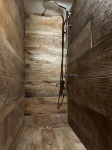 La salle de bains est pourvue d'une douche et d'un mur en bois. dans l'établissement Ô nature, à Grez-Doiceau