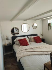 1 dormitorio con 1 cama grande y 2 almohadas rojas en Ô nature, en Grez-Doiceau