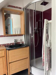 uma casa de banho com um chuveiro com um lavatório e um lavatório em Chambre double avec salle de bains privée em Quintin