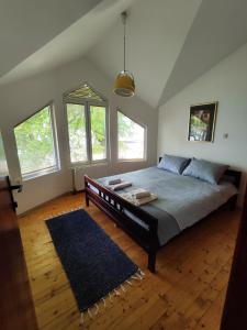 a bedroom with a large bed in a room with windows at Villa Paradiso in Ohrid
