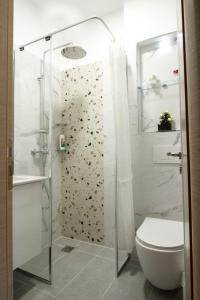 Emblematic House Apartment 1 في غيروكاستر: حمام مع دش مع مرحاض وباب زجاجي