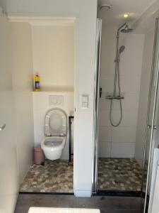 La petite salle de bains est pourvue d'une douche et de toilettes. dans l'établissement Chalet Parfait, à Bergen