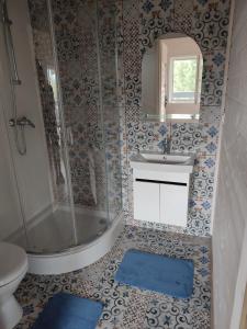 W łazience znajduje się prysznic, umywalka i toaleta. w obiekcie WIDOKI Rusinowo Domki Letniskowe w mieście Rusinowo