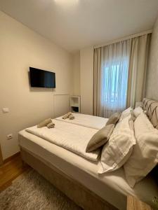 una camera con un grande letto e una TV a schermo piatto di Apartman SUN a Inđija
