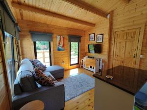 ein Wohnzimmer mit einem Sofa und einem TV in einer Hütte in der Unterkunft Desart School Garden Chalet in Kilkenny