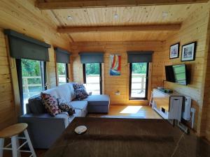 a living room with a couch and a tv in a cabin at Desart School Garden Chalet in Kilkenny