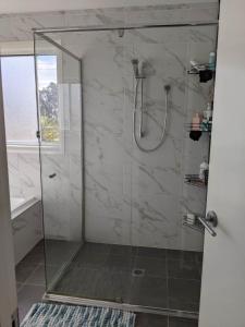 bagno con doccia e porta in vetro di Country Lane a Denham Court