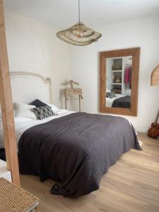 1 dormitorio con 1 cama grande y espejo en Villa Bello Visto en Moustiers-Sainte-Marie