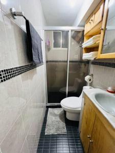 een badkamer met een douche, een toilet en een wastafel bij Hermoso departamento a dos cuadras de Col. Roma in Mexico-Stad