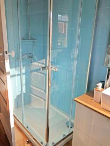 eine Dusche im Bad mit blauen Fliesen in der Unterkunft Cozy 3 room apartment near House of Music in Porto