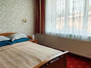 a bedroom with a bed and a window with curtains at Morena 203 in Klaipėda