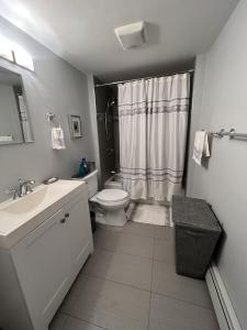 a white bathroom with a toilet and a sink at Location+Comfort+Convenience in Boston