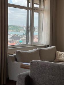 sala de estar con sofá y ventana grande en Cosy Home with Bosphorus View, 2BR, en Estambul