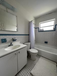 a bathroom with a sink and a toilet and a mirror at Miami's Cozy Tropical Getaway in Miami