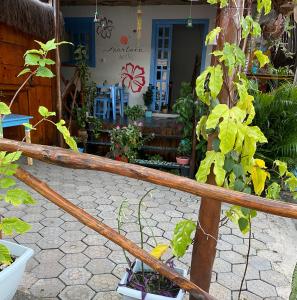 a wooden pole with a plant on a patio at Aurora Hostel in Pipa