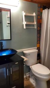 a bathroom with a toilet and a sink and a mirror at Cozy one bedroom condo in Corpus Christi