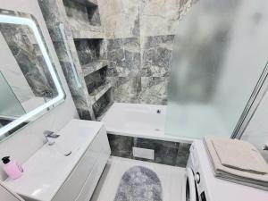 La salle de bains est pourvue de toilettes, d'un lavabo et d'une douche. dans l'établissement Center, Albisoara str., 1bedroom and living with balcony, à Chişinău