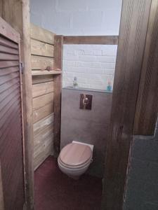 een kleine badkamer met een toilet in een kamer bij La tiote roulotte in Marquigny