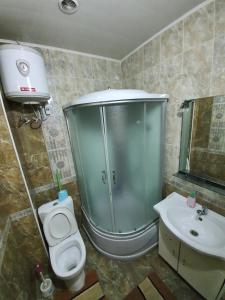 uma casa de banho com um chuveiro, um WC e um lavatório. em BestBish apartment in the center em Bishkek