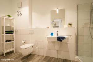 une salle de bain avec toilettes, lavabo et douche dans l'établissement Heimathafen 2 - M S Küselwind, à Kappeln