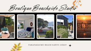 a collage of photos of a house at Private Beachside Studio with Courtyard and Sea view in Paraparaumu