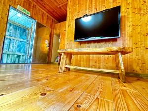 a living room with a television on a wooden wall at Fong Chou Chalet in Sanyi