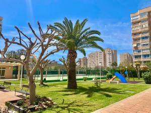 un parque con una palmera y un parque infantil en Apartamento Atenas Piscina 4 pax, Inmobiliaria Leo Playa de San Juan, en Alicante