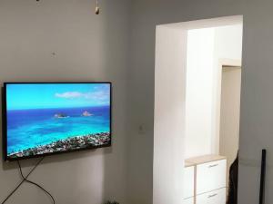 einen Flachbild-TV, der an einer weißen Wand hängt in der Unterkunft אחוזת דולב Dolev estate הווילה in Zanoaẖ