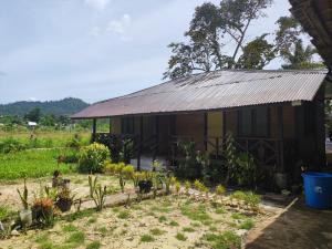 una casa con tetto in metallo in un giardino di Nelmann's Nipa Huts a San Vicente