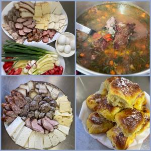 una serie di quattro immagini di alimenti con carne e verdure di Pensiunea Agroturistica Casa Runc a Vatra Dornei