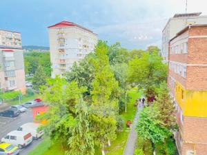 una vista aérea de una ciudad con edificios y árboles en Daniela's rooms, en Hunedoara