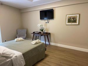 a bedroom with a bed and a chair and a tv at B&B Ai Cortili in Sant'Egidio del Monte Albino