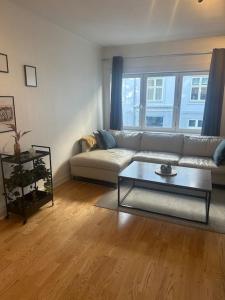 uma sala de estar com um sofá e uma mesa de centro em 35m2 apartment in central oslo em Oslo